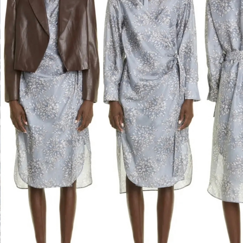 Brunello cucinelli print long sleeve silk wrap dress size medium .laguna color